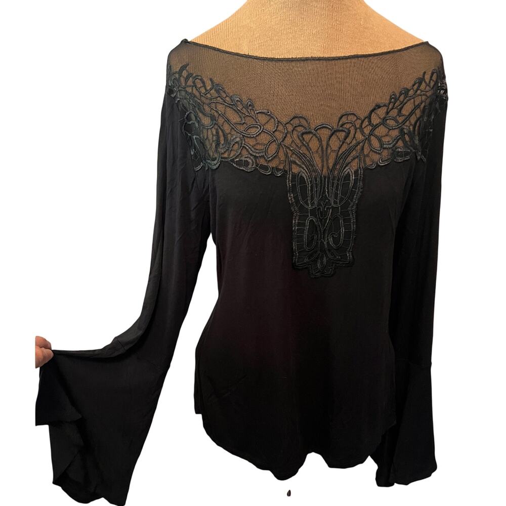 Black long sleeve top sheer neckline embroider detail bell sleeve romantic witch